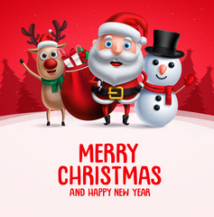 Merry christmas greeting with christmas vector characters. Santa claus, reindeer and snowman carrying christmas gift waiving hand in red background. Vector illustration.
