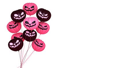 Wall Mural - Smiling pink and black balloons pumpkin, copy space text. Design creative concept for  happy Halloween festival, isolated on white background. 3D rendering illustration.