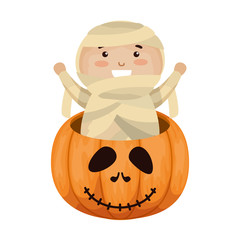 Poster - boy dressed up as a halloween mummy in pumpkin