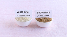 Refined Grain White Rice, And Whole Grain Brown Rice That Is A Healthy Food, In Bowls With A Paper Slip On Each With Text, Indicating The Type Of Grain.