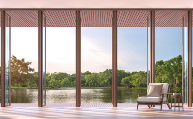 Lake side living room 3d render,The Rooms have wooden floors,furnished with white fabric chair,There are large open window,Overlooks to wooden terrace and lake view.