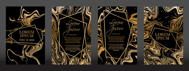 Gold marble texture and geometric frames on black backgrounds vector set. Luxury design for brochure, banner, vip invitation, cover, business card. Gold foil black marble pattern texture and frames.