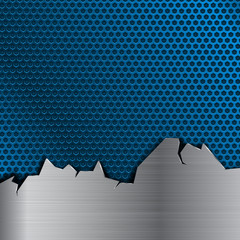 Wall Mural - Blue metal perforated background with stainless steel element with torn edges