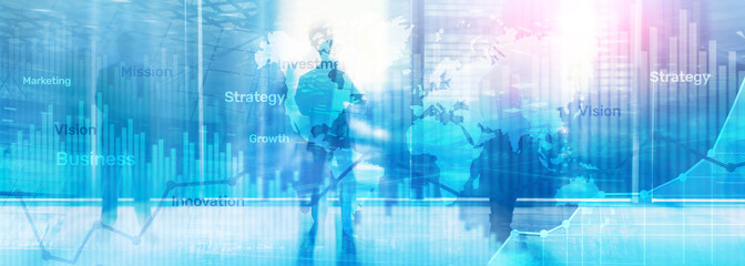 Wall Mural - Business abstract background double exposure graph, chart and diagram. World wide map and. Global business and financial trading concept.