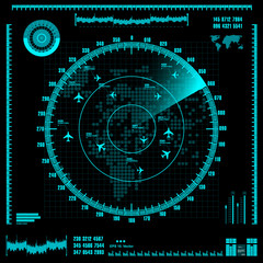Poster - blue radar screen with planes and world map. vector eps10.