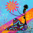 Traditional African beautiful black girl holds the sun digital painting artwork on blue background illustration