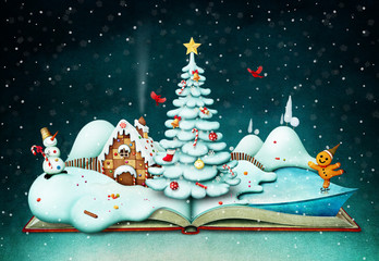 Holiday greeting card or poster with fantasy book and Christmas scene