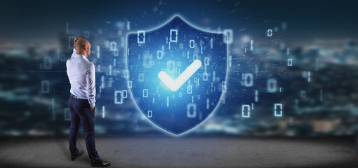 Poster - Man holding a Shield web security concept 3d rendering