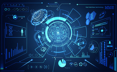 Poster - abstract technology ui futuristic concept hud interface hologram elements of digital data chart, communication, computing and circle percent vitality innovation on hi tech future design background
