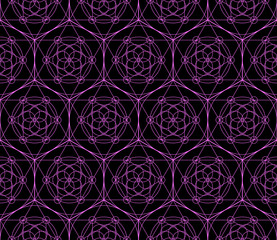 Vector geometric seamless pattern of neon sacred geometry symbols with triangle, hexagon, circle and floral motif on black background