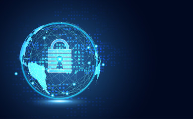 Wall Mural - Abstract technology world cyber security privacy information network concept padlock protection digital network internet link on hi tech blue future background