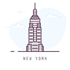 Wall Mural - New York city line style illustration. Famous tower in New York. Architecture city symbol of USA. Outline building vector illustration. Sky with clouds on background. Travel and tourism banner.
