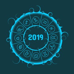Wall Mural - Astrological symbols in the circle. New Year and Christmas celebration card template. Zodiac circle with 2019 new year number.