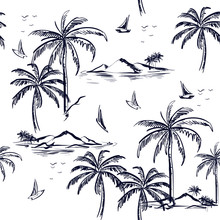 Beautiful Seamless Island Pattern On White Background. Landscape With Palm Trees,beach And Ocean Vector Hand Drawn Style.