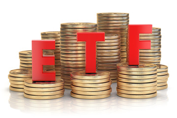 Poster - ETF exchange traded fund onthe stacks of golden coins. Stock exchenge and investment concept.