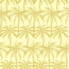  Beige outline palm trees on the cream color  background. Vector seamless pattern. Tropical illustration. Jungle foliage.