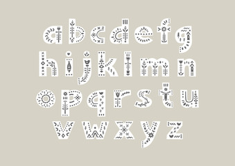 Aufkleber - Vector bold white alphabet decorated with black nordic folk ornaments.  Display font, lowercase.