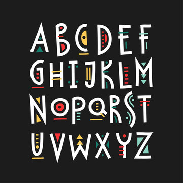 Vector trendy uppercase alphabet with colorful geometric decor.