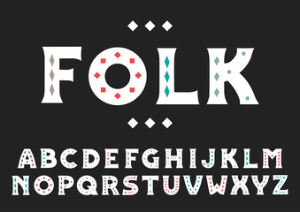 Poster - Vector uppercase bold serif alphabet. White letters are decorated with color geometric patterns on a black background.