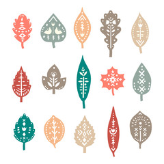 Poster - Vector set of autumn leaves decorated with ethnic patterns.