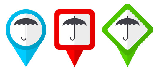 Aufkleber - Umbrella red, blue and green vector pointers icons. Set of colorful location markers isolated on white background easy to edit.