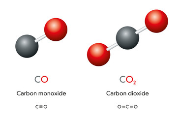 Wall Mural - carbon monoxide co and carbon dioxide co2 molecule models and chemical formulas. gas. ball-and-stick