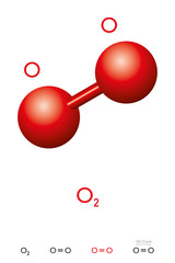 Wall Mural - oxygen, o2, molecule model and chemical formula. also dioxygen, diatomic or molecular oxygen. ball-a