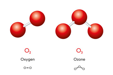 oxygen o2 and ozone o3 molecule models and chemical formulas. dioxygen and trioxygen. gas. ball-and-