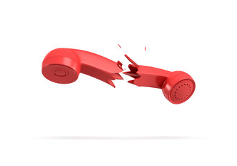 Wall Mural - 3d rendering of a red retro phone receiver broken in half on a white background.