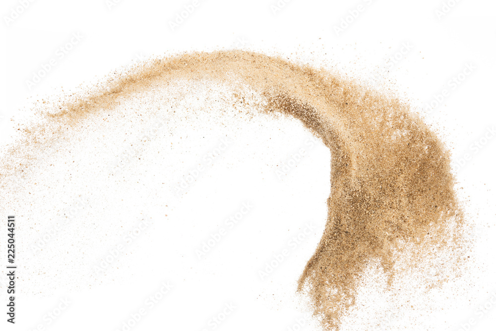 Sand flying explosion isolated on white background ,throwing freeze stop motion object design - obrazy, fototapety, plakaty 