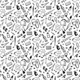 Seamless pattern with medical supplies. Vector background illustration. Medical black and white seamless pattern, clinic vector background. Hospital doodle style elements.