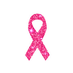 Pink ribbon. Pink glitter ribbon symbol of breast cancer awareness on white background