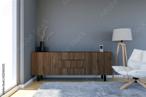 Contemporary Living Room Interior With Grey Wall And Large