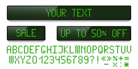 Poster - Green LED dot display set and LED digital font isolated on white background. Vector design elements.