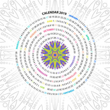 Archimedean Spiral Calendar For 2019 Year. With Round Mandala Floral Pattern. Vintage Style Template For Your Design