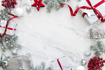 christmas and new year holiday background. xmas greeting card. christmas gifts on white marble backg