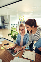 Two young businesswomen discussing work together over a laptop