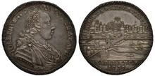 Germany German City Of Regensburg Silver Coin 1 One Thaler 1775, Bust Of Ruler Joseph II In Rich Clothes Right, City View Depicting Buildings And Churches On Riverside, Boat Between Pier And Bridge, 