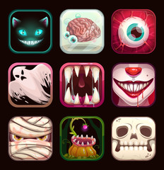 Canvas Print - Scary app icons on black background. Creepy mobile game logo templates.