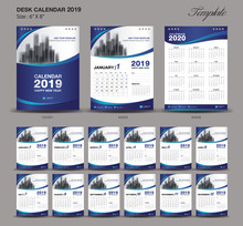 Desk Calendar 2019 Year Size  6 X 8 Inch Template, Blue Calendar 2019 Template, Set Of 12 Months, Week Starts Monday, Wall Calendar, Flyer Design, Cover Template Vector, Advertisement Creative