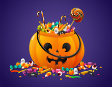 Halloween Pumpkin Basket Full Of Candies And Sweets. Vector Illustration Isolated On Violet Background.