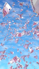 Flying euro banknotes against the sky background. Money is flying in the air. 500 EURO in color. 3D illustration