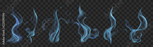 Set of realistic translucent smoke or steam in light blue colors, isolated on...