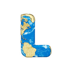 Fototapete - World earth globe alphabet letter L uppercase. Global worldwide font with NASA map. 3D render isolated on white background.
