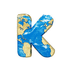 Fototapete - World earth globe alphabet letter K uppercase. Global worldwide font with NASA map. 3D render isolated on white background.