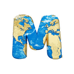 Fototapete - World earth globe alphabet letter M uppercase. Global worldwide font with NASA map. 3D render isolated on white background.