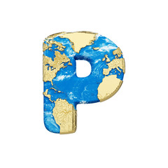 Fototapete - World earth globe alphabet letter P uppercase. Global worldwide font with NASA map. 3D render isolated on white background.