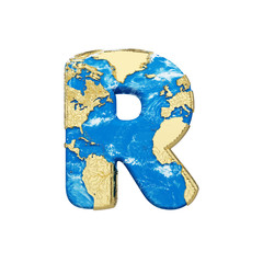 Fototapete - World earth globe alphabet letter R uppercase. Global worldwide font with NASA map. 3D render isolated on white background.