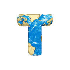 Fototapete - World earth globe alphabet letter T uppercase. Global worldwide font with NASA map. 3D render isolated on white background.