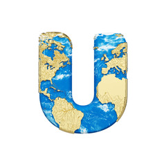Fototapete - World earth globe alphabet letter U uppercase. Global worldwide font with NASA map. 3D render isolated on white background.